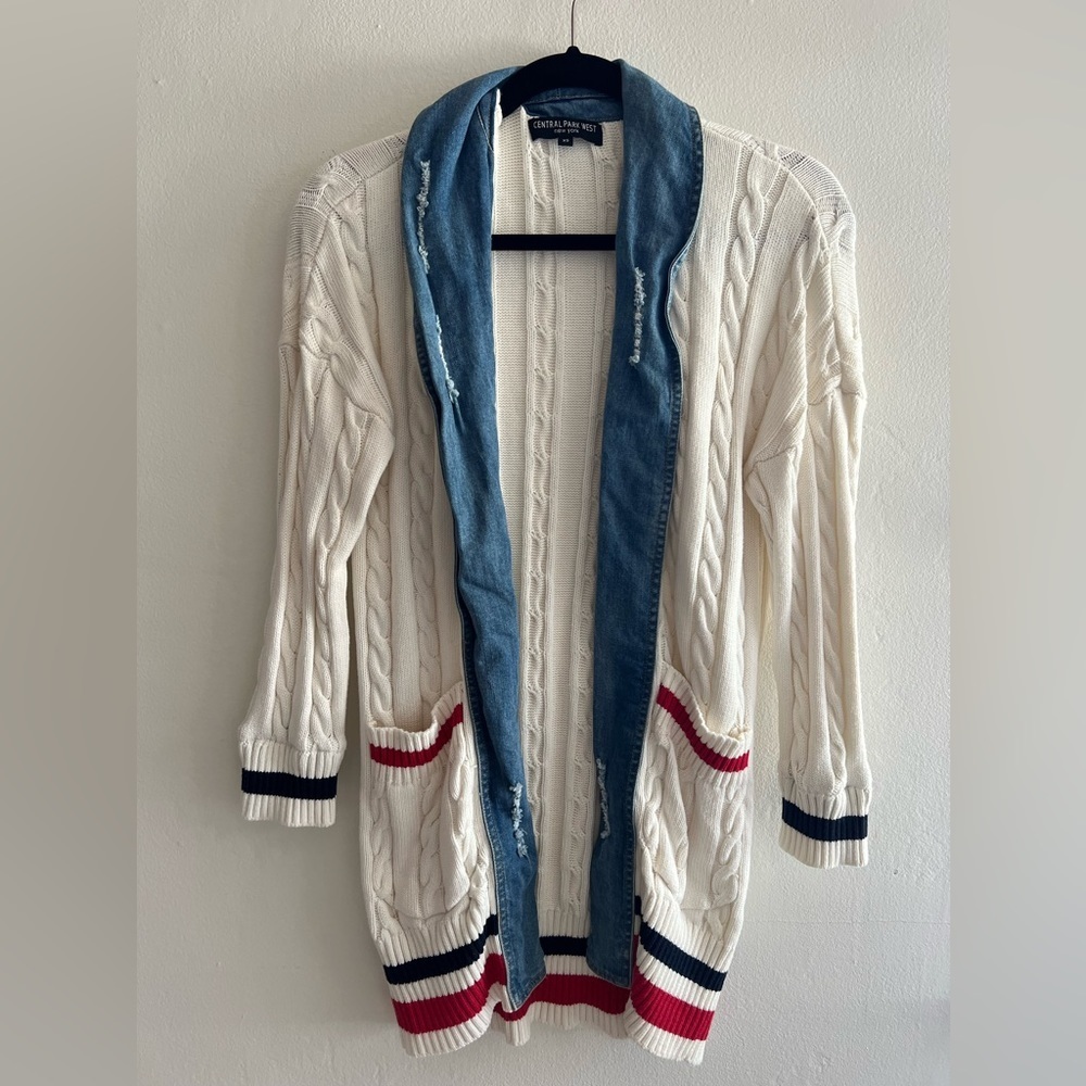 Central Park West Cream and denim long Knit open boyfriend cardigan